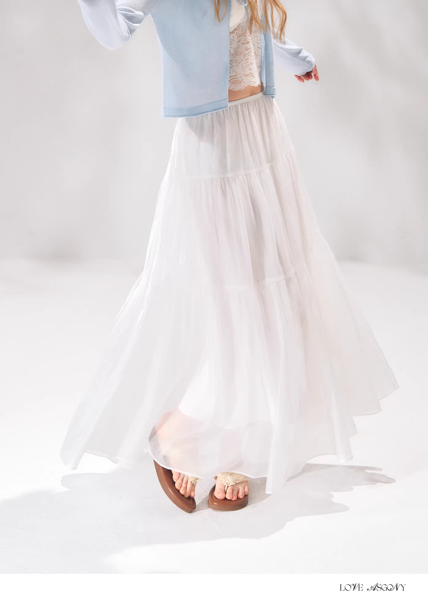 AsGony ASG26103 Pearlescent texture A-line spliced tiered skirt