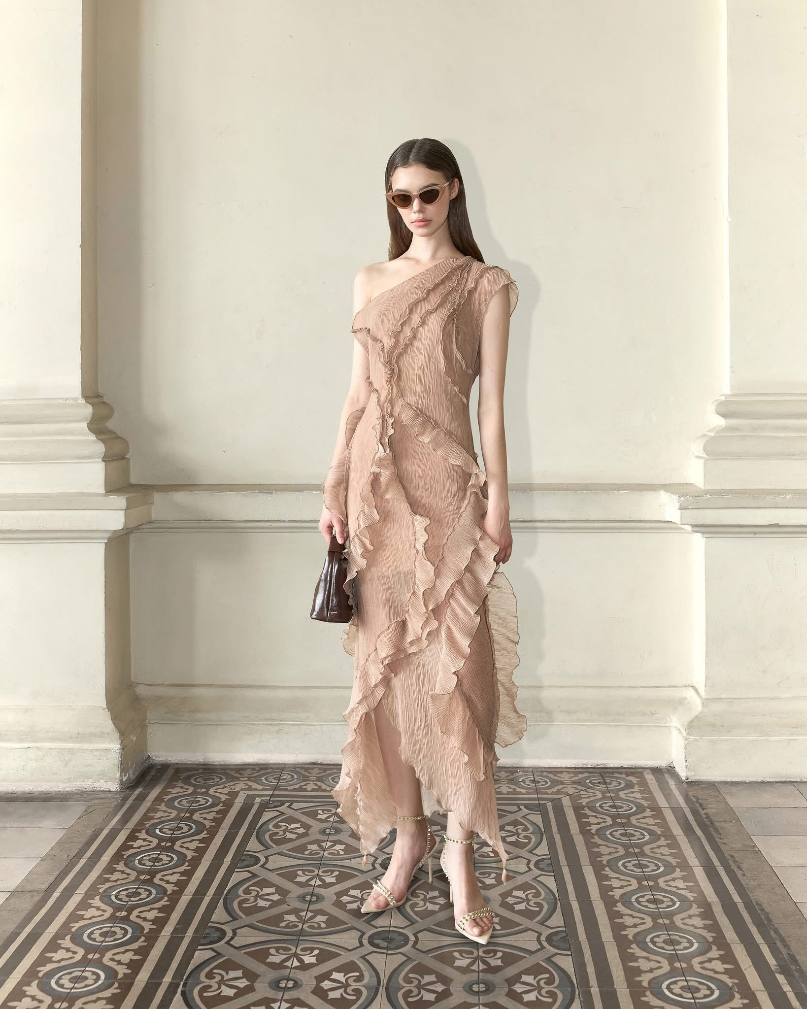 MUST HAVE BEIGE RUFFLE MIDI DRESS
