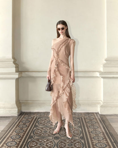 MUST HAVE BEIGE RUFFLE MIDI DRESS