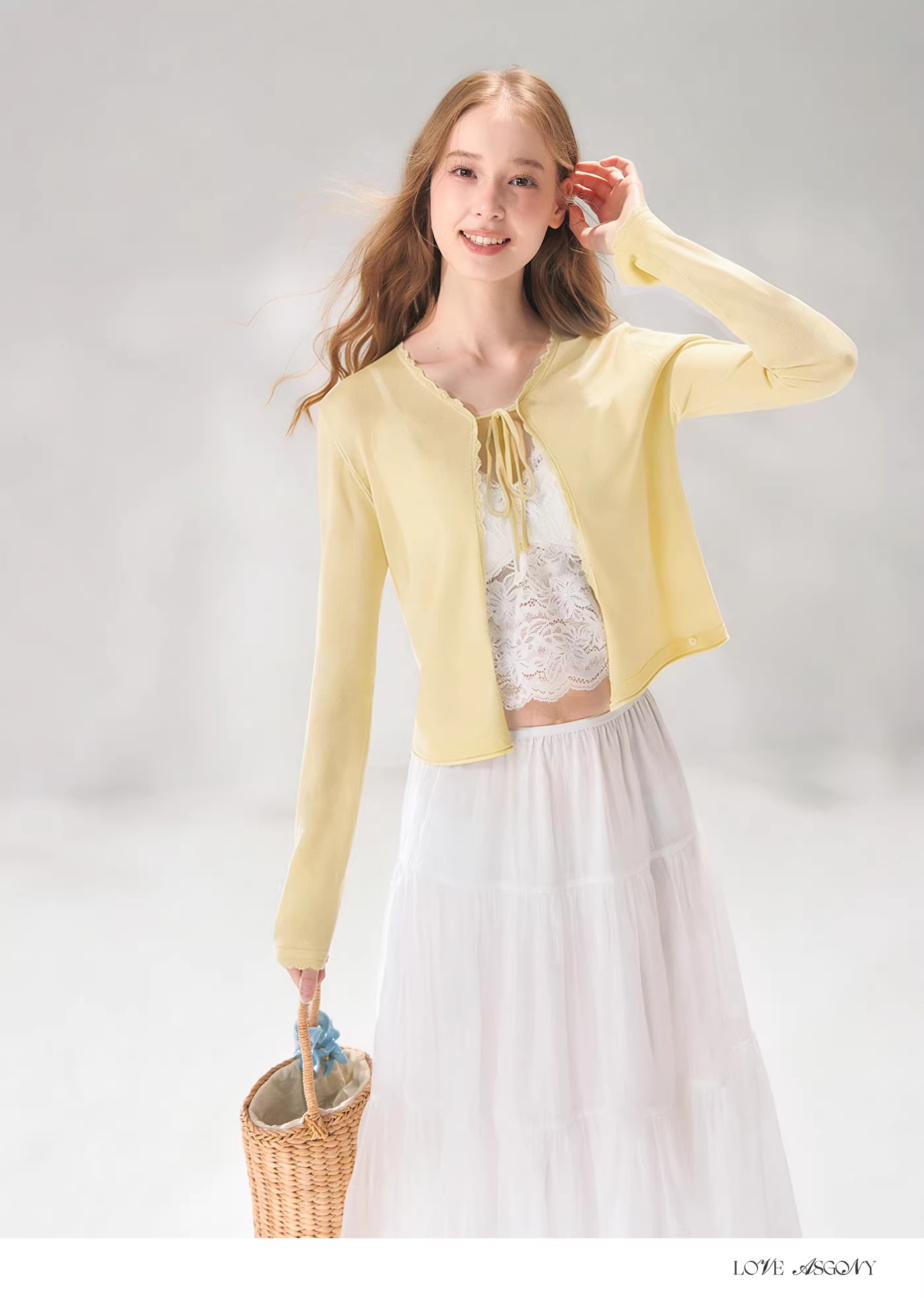 AsGony ASG26085 Knitted lace patchwork tie cardigan