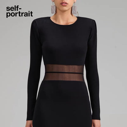 Self-Portrait BLACK KNIT STRIPED MIDI DRESS