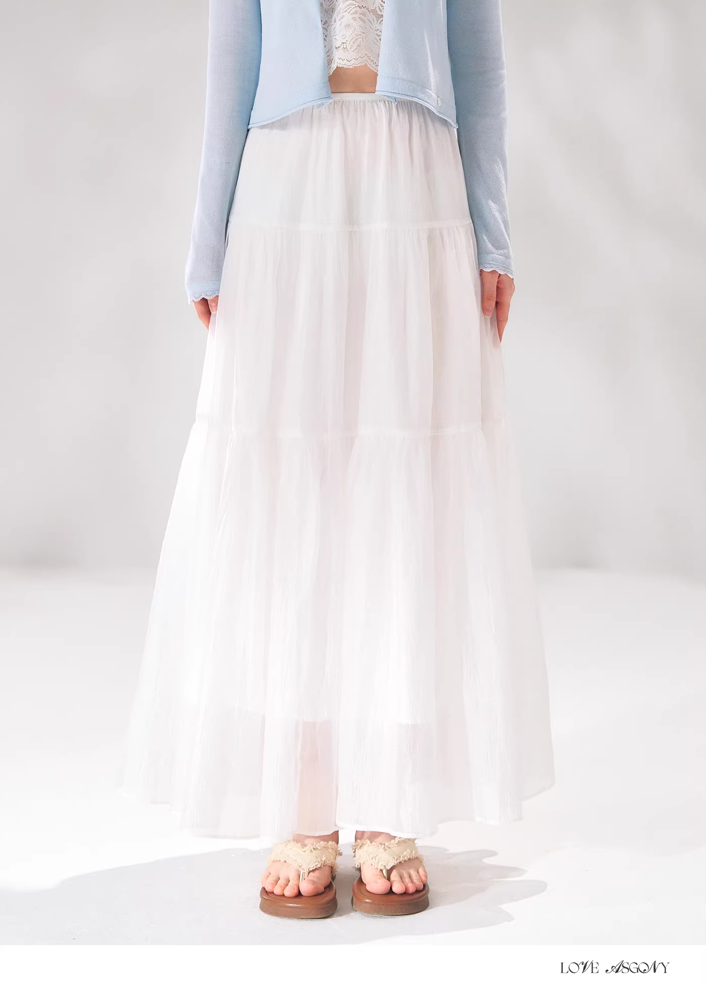AsGony ASG26103 Pearlescent texture A-line spliced tiered skirt