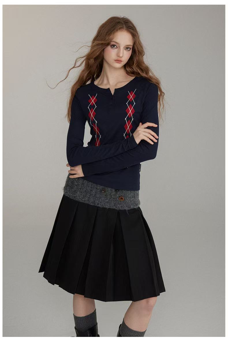 VIA PITTI V24DS249 Button patchwork pleated skirt(2color)