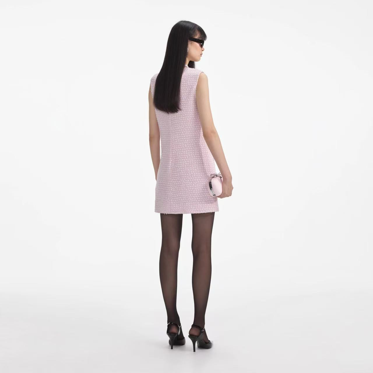 Self-Portrait PINK BOUCLE PEARL TRIM MINI DRESS