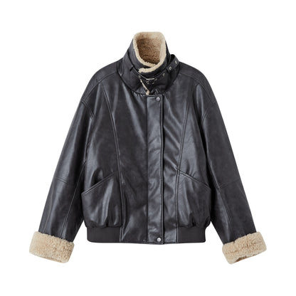 SOMESOWE S2508232 Shearling Motorcycle Jacket with Lapel
