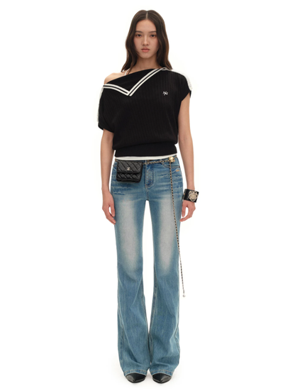 NAWS NAW-T074026 Contrast-Trim Asymmetric Off-Shoulder Striped Top