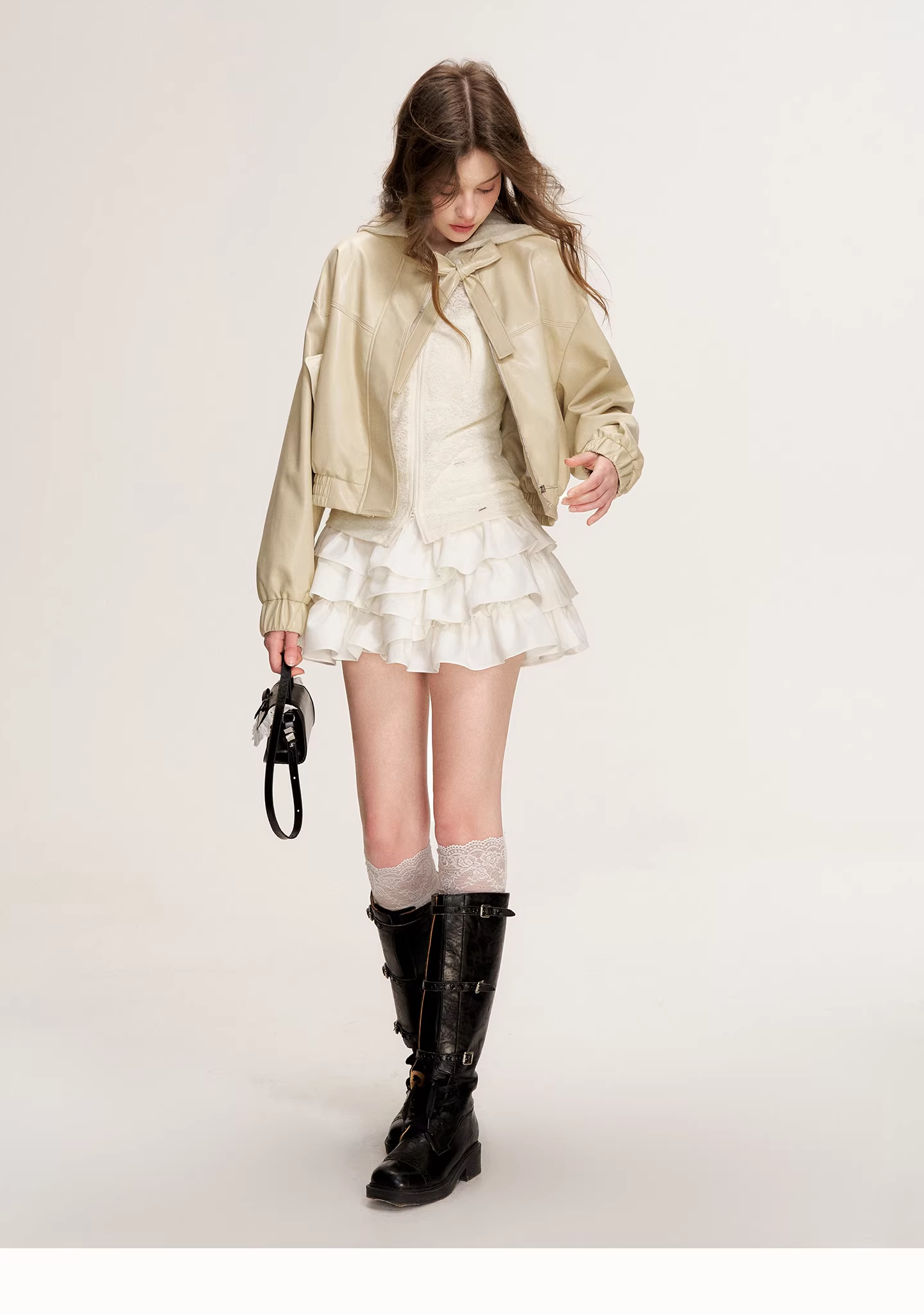 Kroche KZQ9019 Collar butterfly tie leather jacket