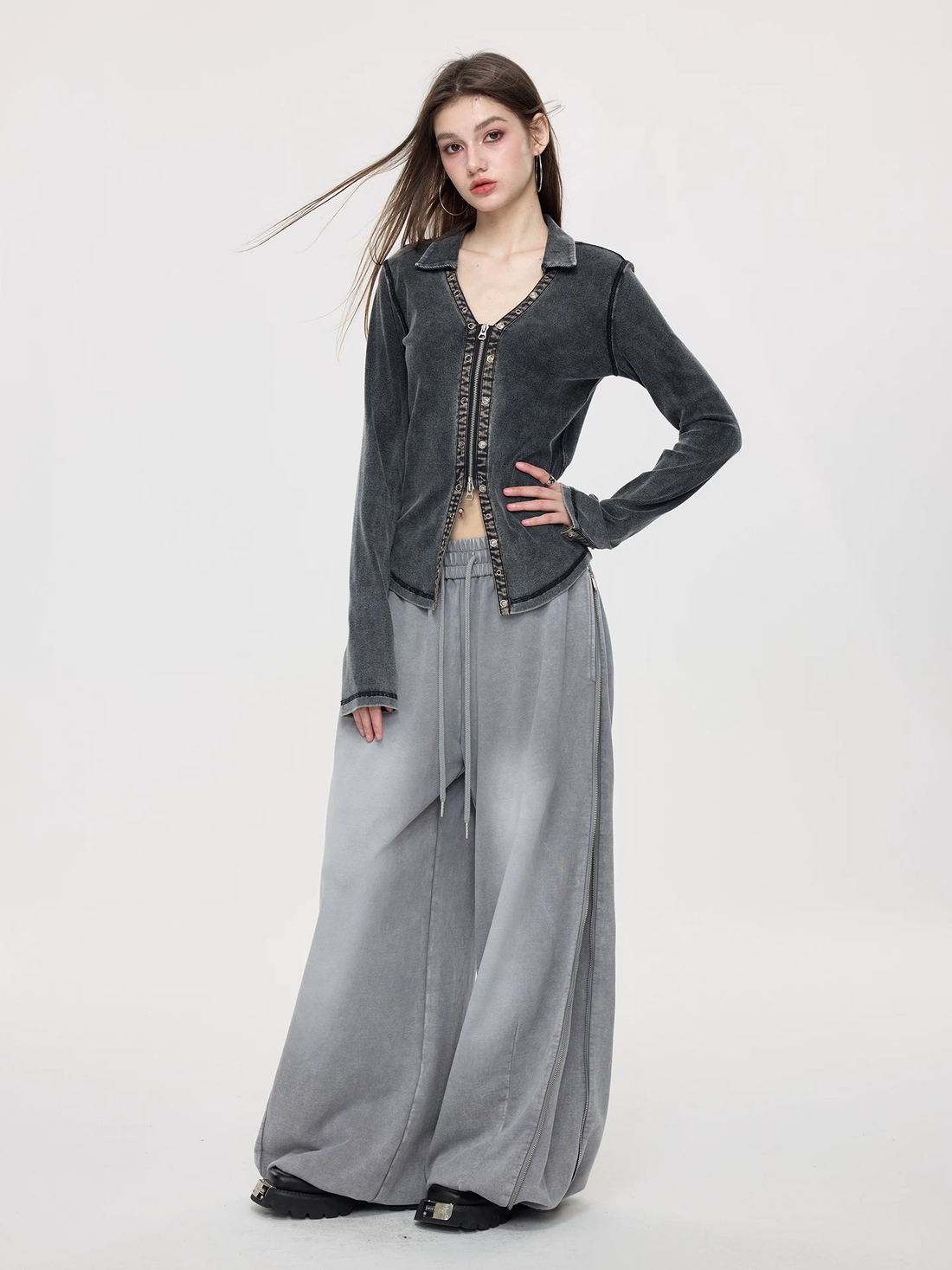 Nova Street Slimming Fitted Blouse with Dual Zippers
