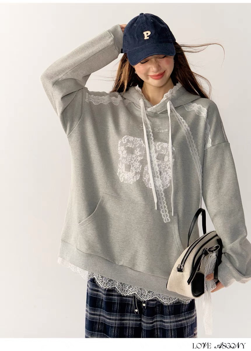 AsGony White Lace Oversize Hoodie