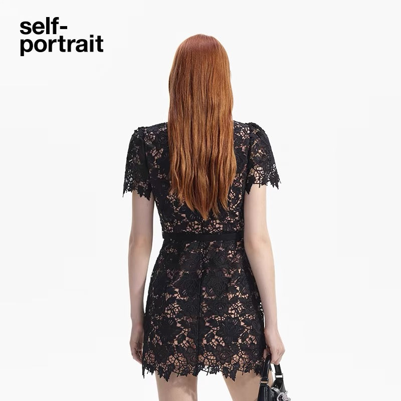 Self-Portrait BLACK LACE OPEN NECK MINI DRESS