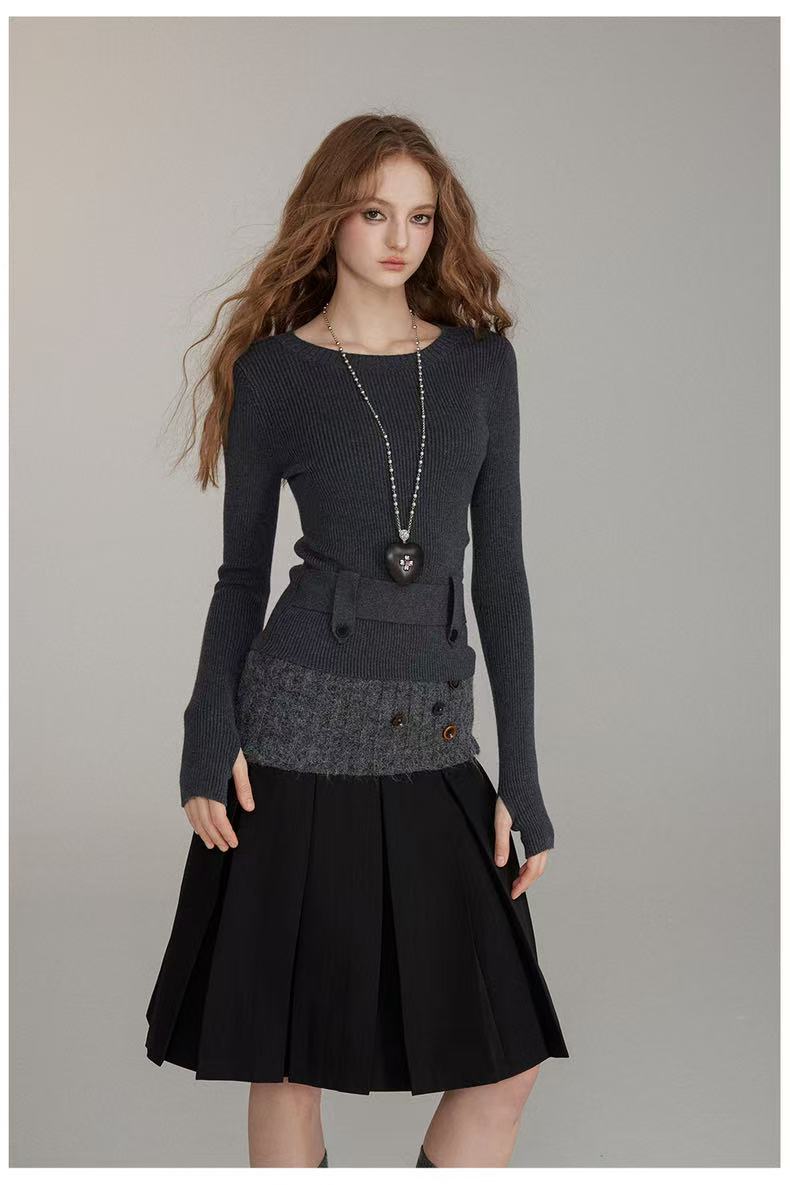 VIA PITTI V24DK285  Belt embellished woolen base top(2color)