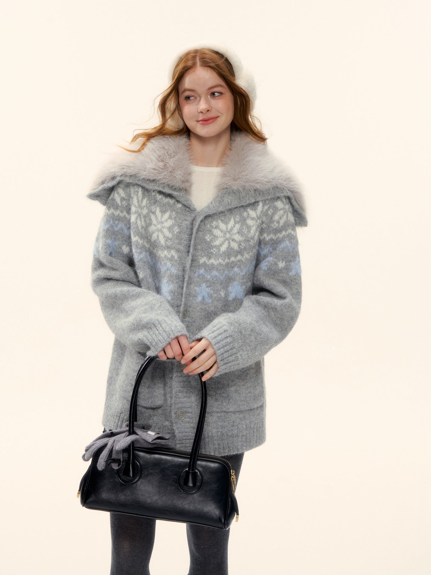 AsGony ASG25621 Wool blend eco-friendly wool collar Fel Island jacquard knitted jacket