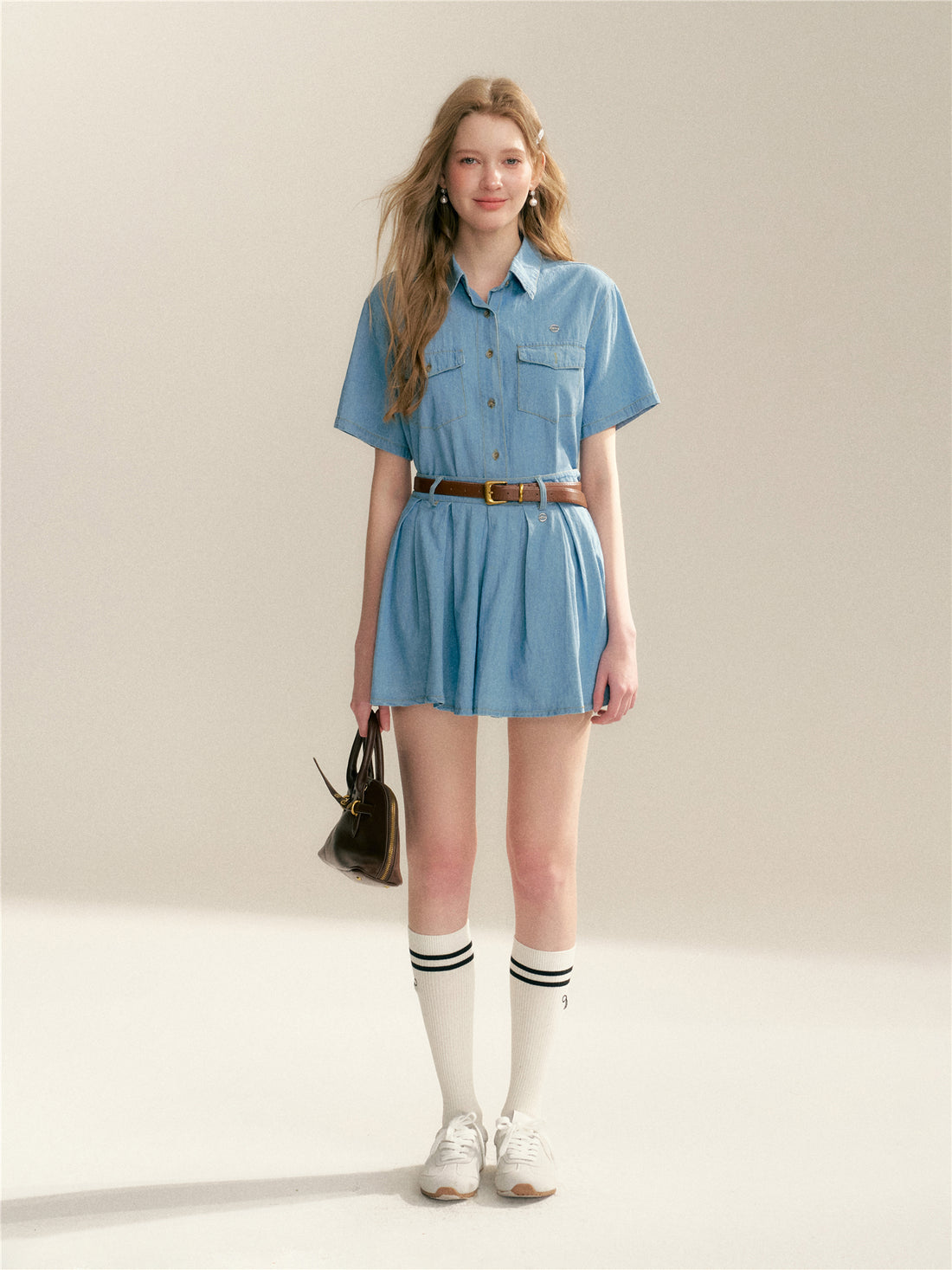 16DEWS 16D24084 Soft denim short sleeved shirt + skirt set