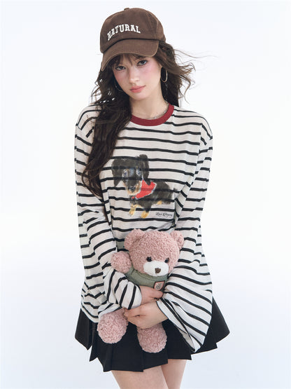 Asgony ASG26539 Striped Puppy Long-Sleeve T-Shirt