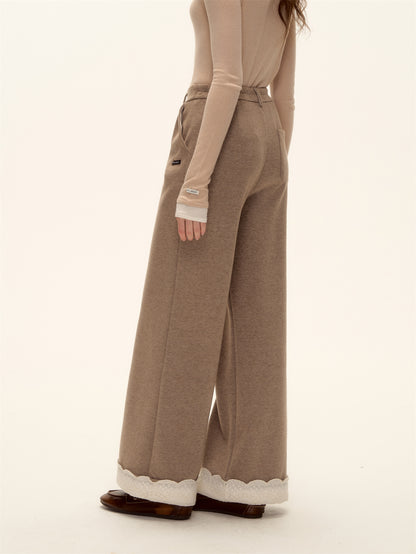 AsGony ASG25473 Embroidered lace straight leg wool casual pants