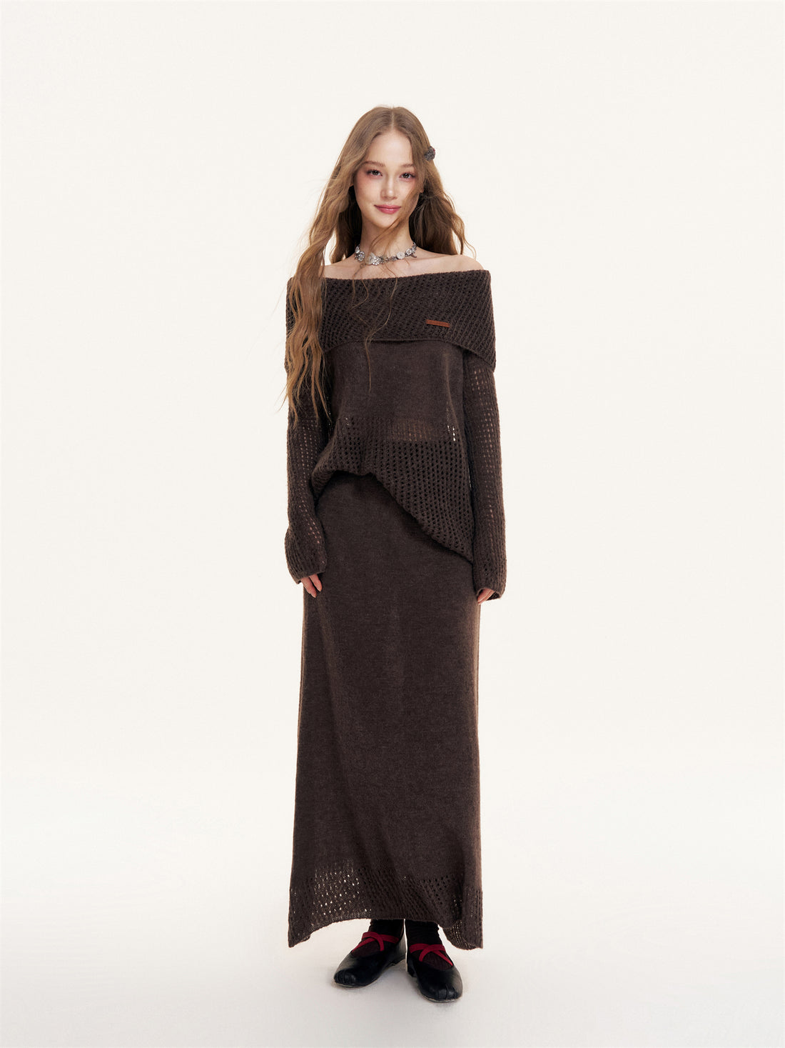 16DEWS 16D25387&amp;16D25388 Off shoulder knitted top + skirt set