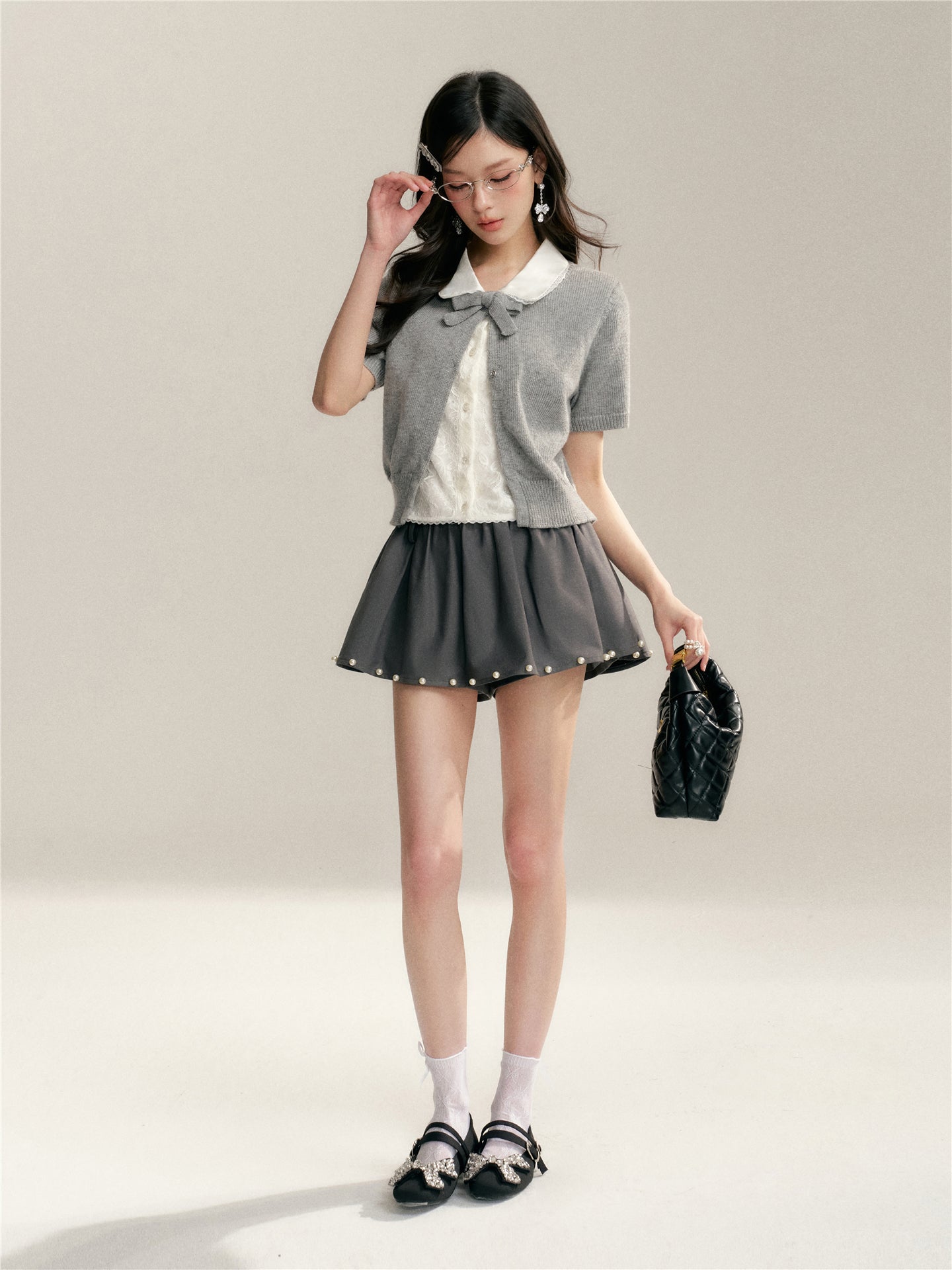 16DEWS 16D26065 Color blocking doll collar fake two-piece knitted short sleeved shirt