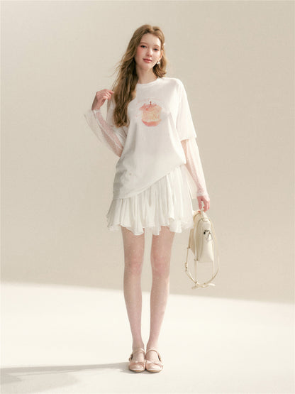 16DEWS 16D26042 Lace patchwork fake two piece long sleeved T-shirt