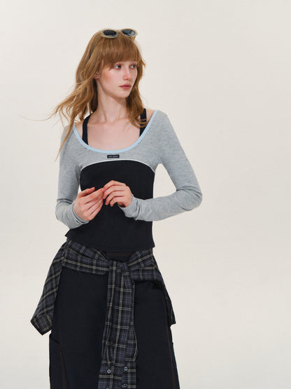 Asgony ASG26614 Ballet-Core U-Neck Faux Layered Top