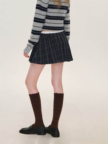 Asgony ASG26610 Vintage Plaid Contrast-Waist Pleated Skirt