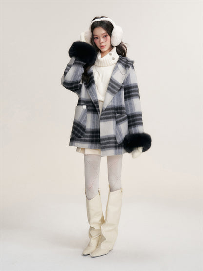 16DEWS 16D25456 Plaid hooded double-sided wool coat