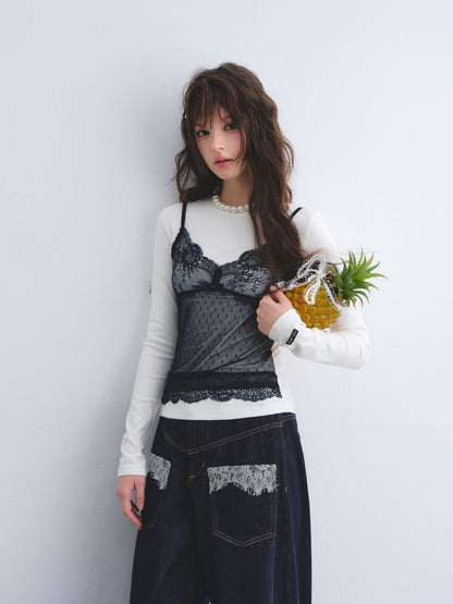 AsGony ASG26013 Fake two lace patchwork long sleeved base T-shirt