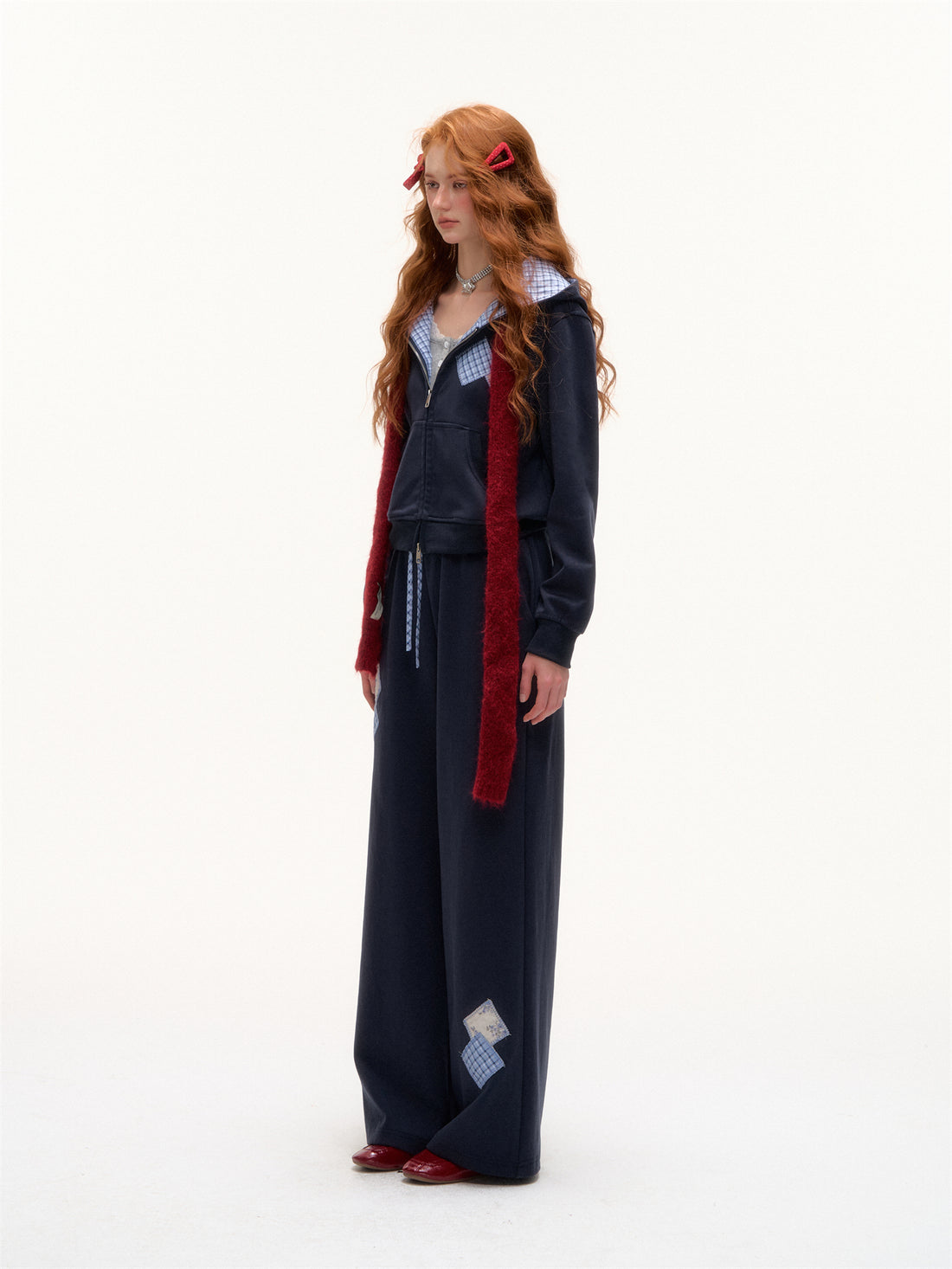 AsGony ASG25351&amp;ASG25352 Grid patchwork applique zip-up hoodie + pants set