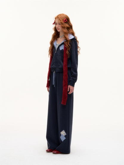 AsGony ASG25351&amp;ASG25352 Grid patchwork applique zip-up hoodie + pants set