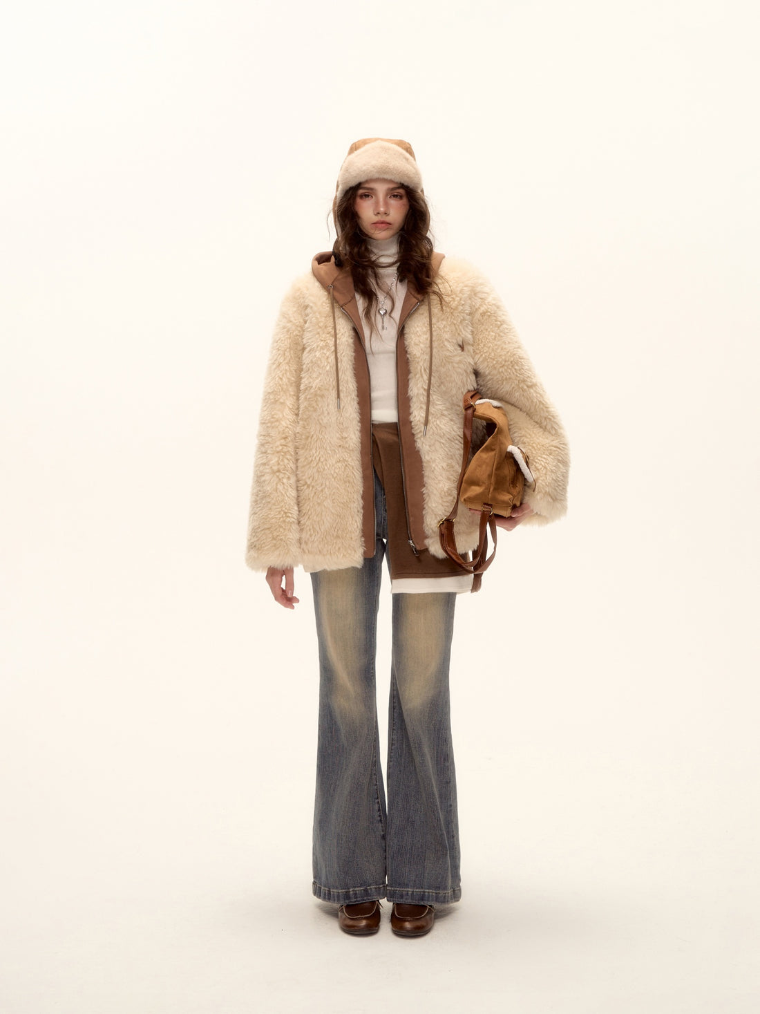 AsGony ASG25487 Hooded sweatshirt with patchwork fur and leather jacket