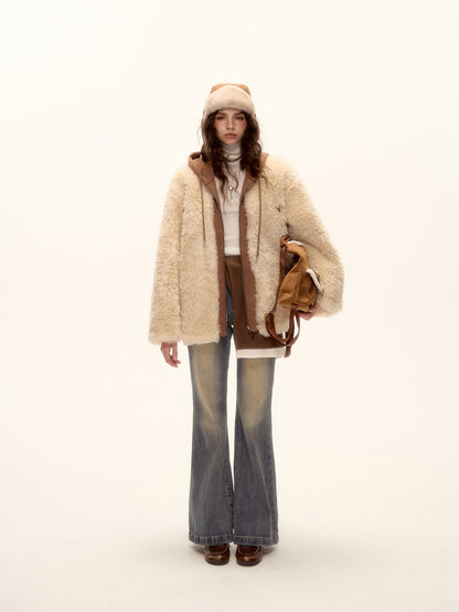 AsGony ASG25487 Hooded sweatshirt with patchwork fur and leather jacket