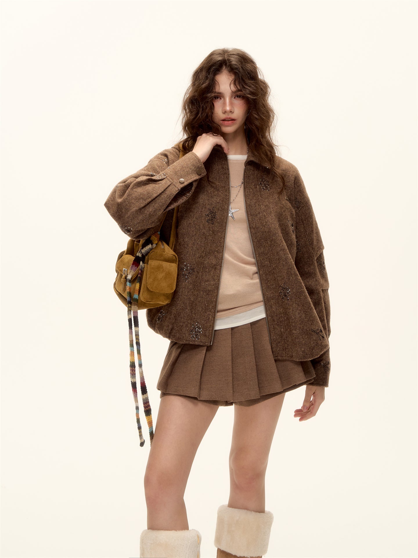 AsGony ASG25497 Bead embroidery plaid splicing flower bud wool jacket