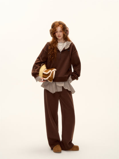 AsGony ASG24642&amp;ASG24641 Plaid patchwork fleece hoodie + pants set