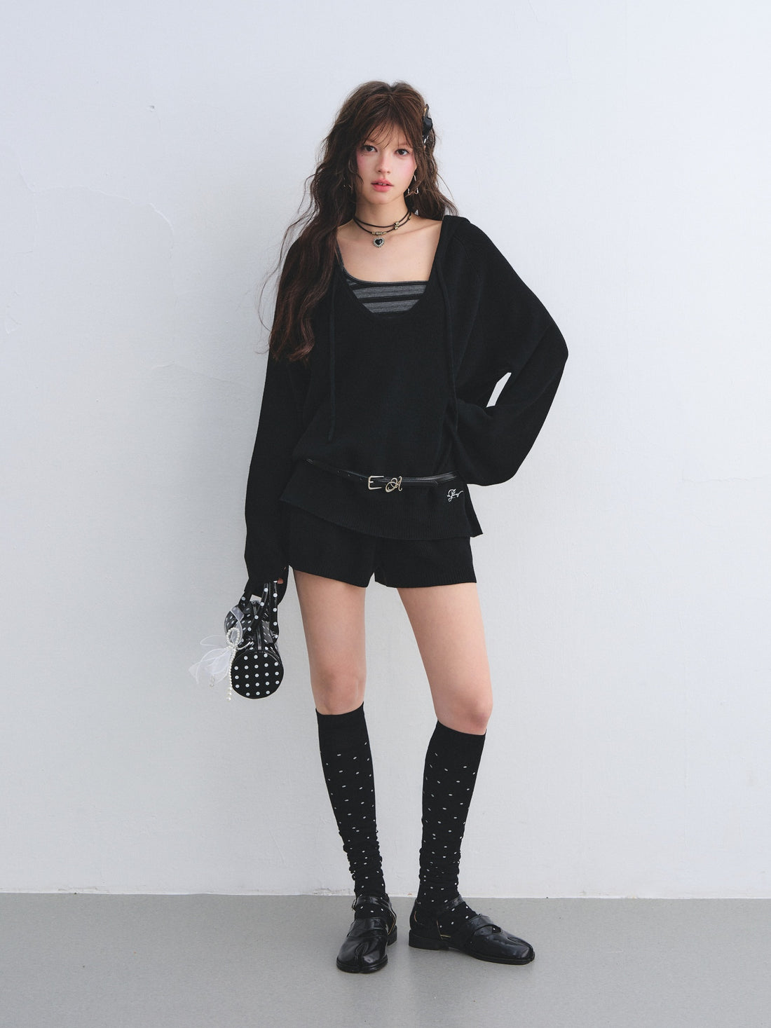 AsGony ASG26030&amp;ASG26031 Wool striped suspender hooded knitted two-piece set