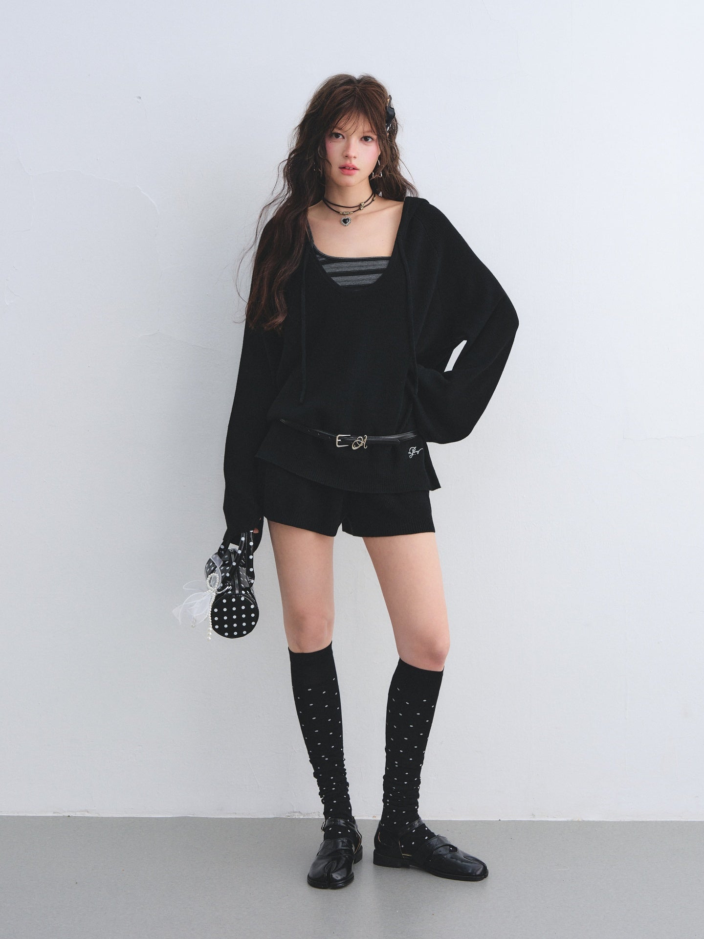 AsGony ASG26030&amp;ASG26031 Wool striped suspender hooded knitted two-piece set