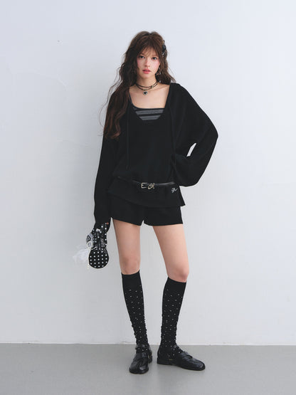 AsGony ASG26030&amp;ASG26031 Wool striped suspender hooded knitted two-piece set