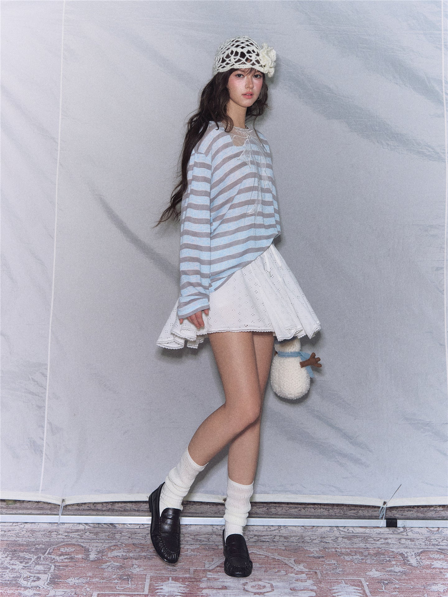 Asgony ASG26500 Striped Lace Patchwork Bow Long-Sleeve Top