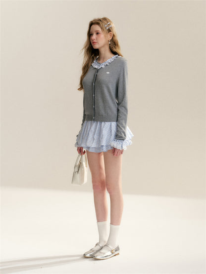 16DEWS 16D26051 Color blocking plaid round neck knitted cardigan