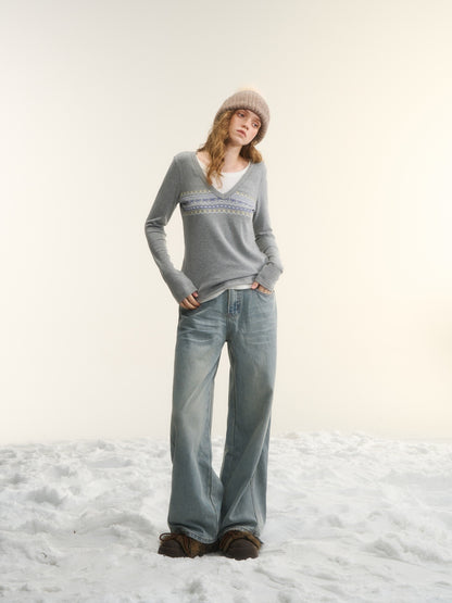 AsGony ASG24677 Washed denim jeans with curved segmentation and worn edges