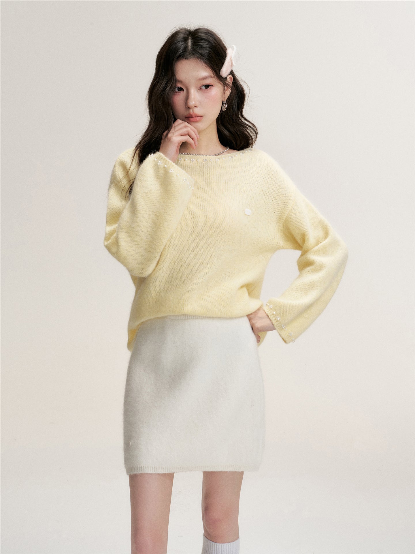 16DEWS 16D25461 Nine inch sleeve rabbit hair cotton wool blended knitted top