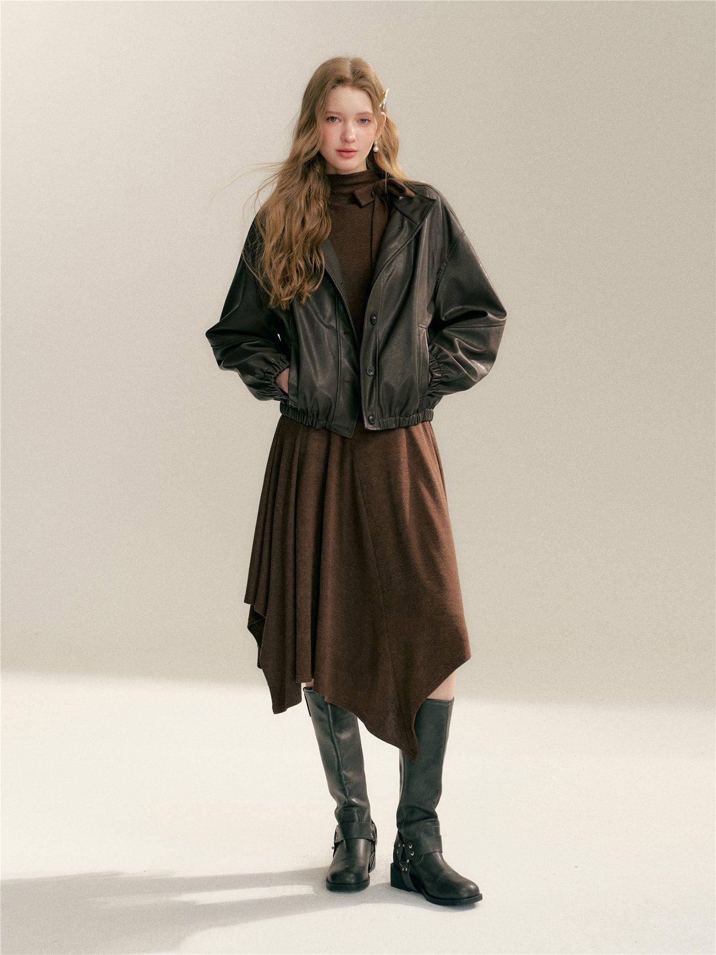 16DEWS 16D26001 Irregular semi high neck long sleeved slim fit dress