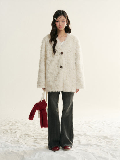 16DEWS 16D25522 Imitation fur one-piece single breasted V-neck jacket
