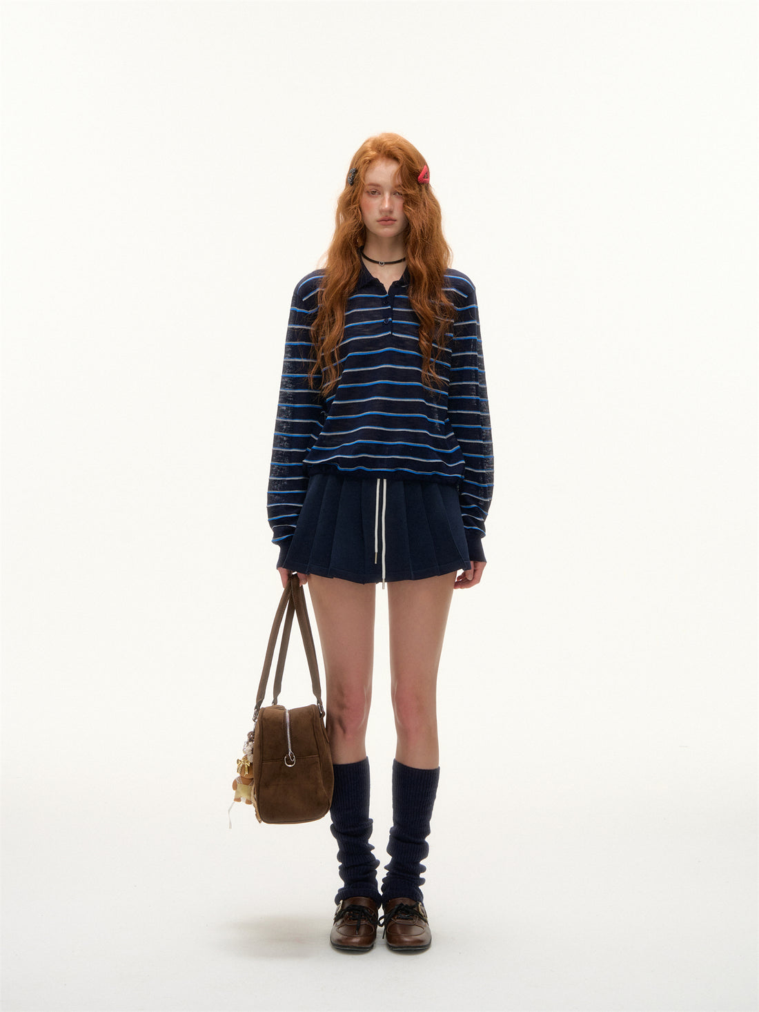 AsGony ASG25391 Striped lapel hem drawstring polo knit base top