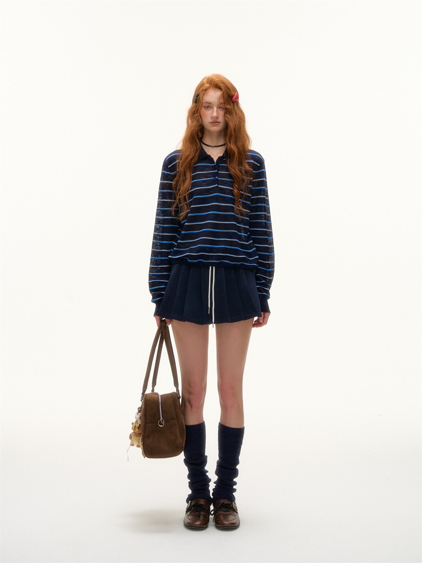 AsGony ASG25391 Striped lapel hem drawstring polo knit base top