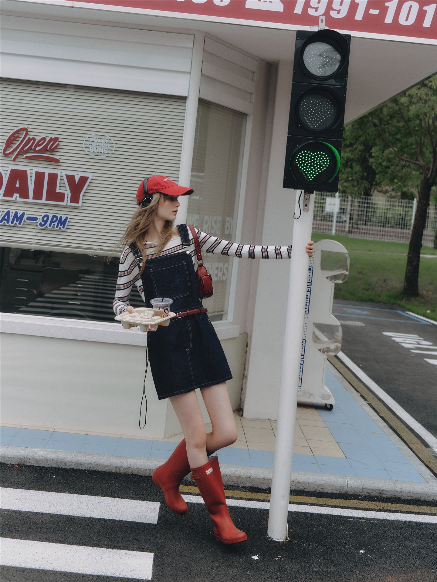Asgony ASG26512 Embossed Detail Denim Overall Mini Skirt