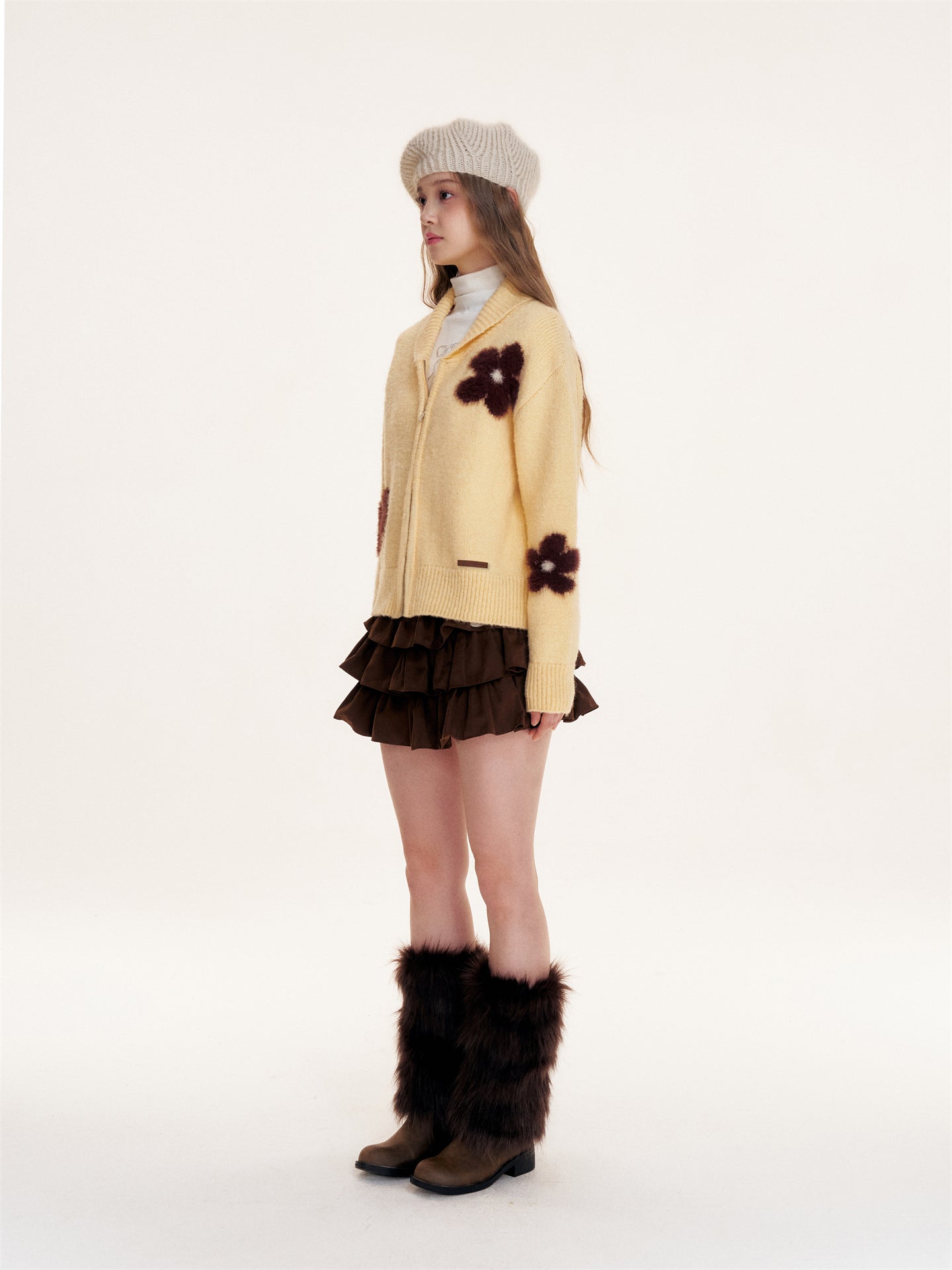 16DEWS 16D25433 Flower jacquard zipper cardigan