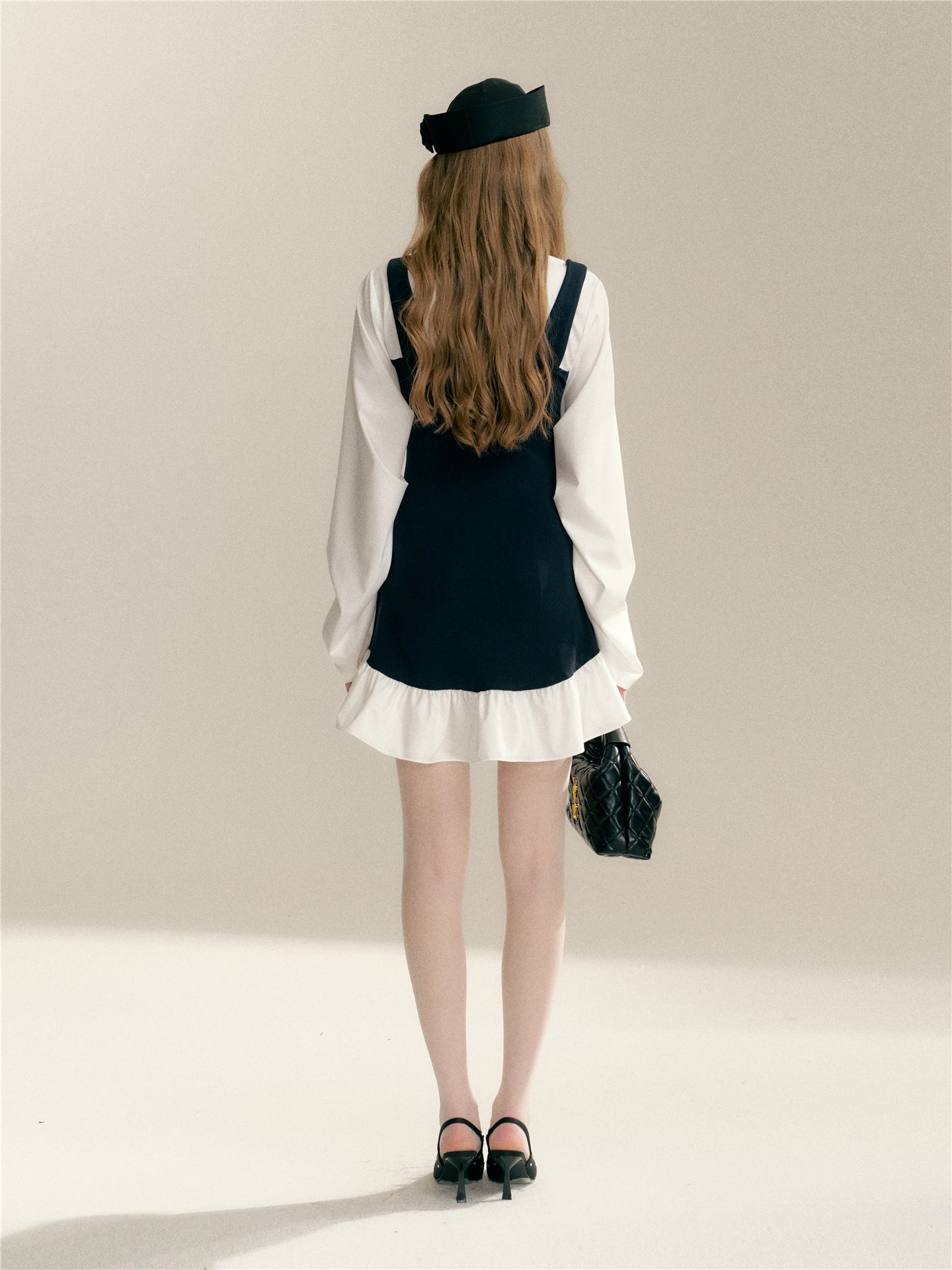 16DEWS 16D26015 Fake two V-neck lace up contrasting splicing slim fit dress