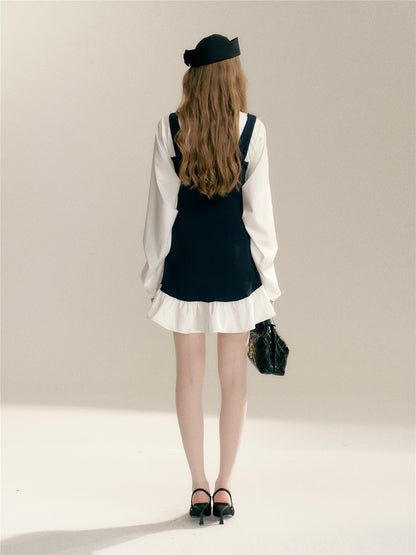 16DEWS 16D26015 Fake two V-neck lace up contrasting splicing slim fit dress