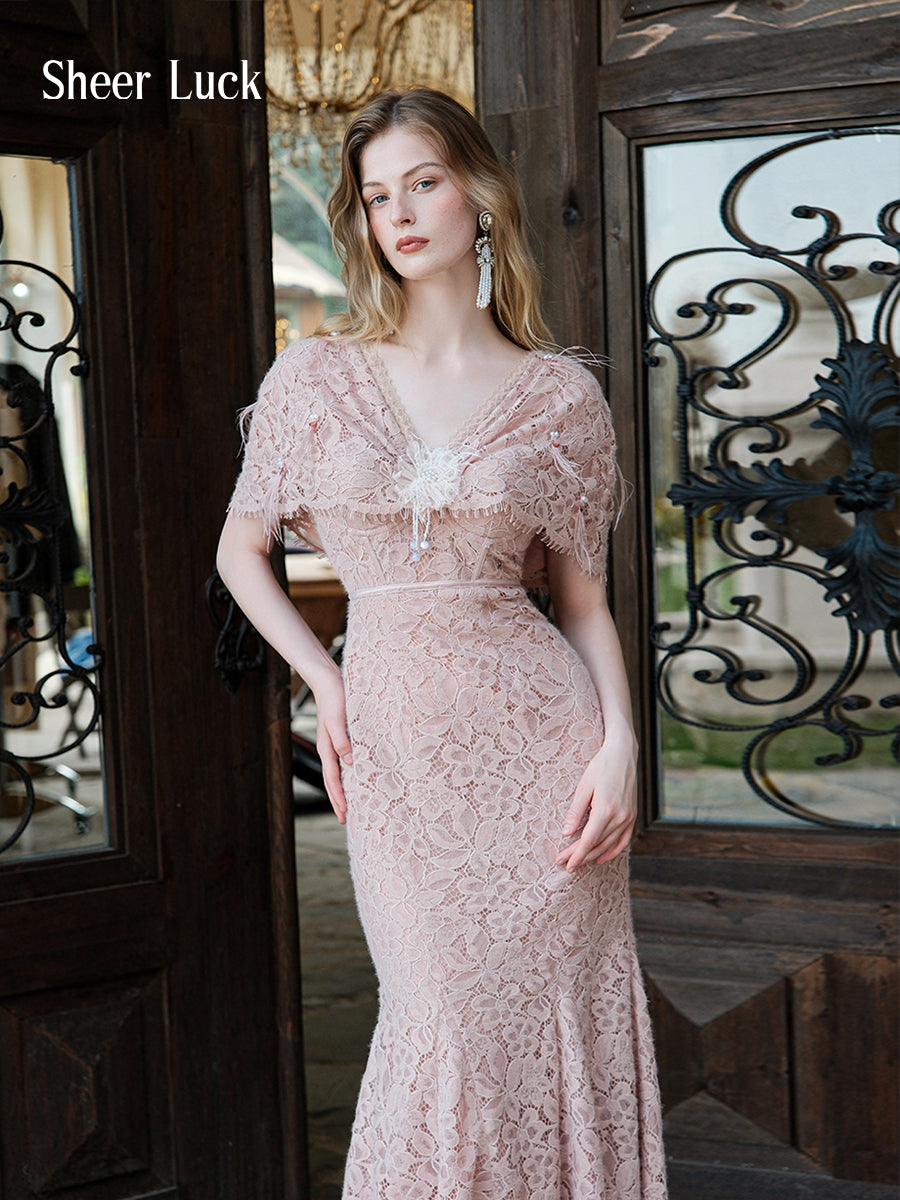 SHEERLUCK SLLYQ25405 V-neck lace shawl suspender dress