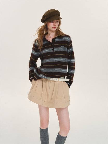 Asgony ASG26597 Striped Collared Knit Polo Shirt