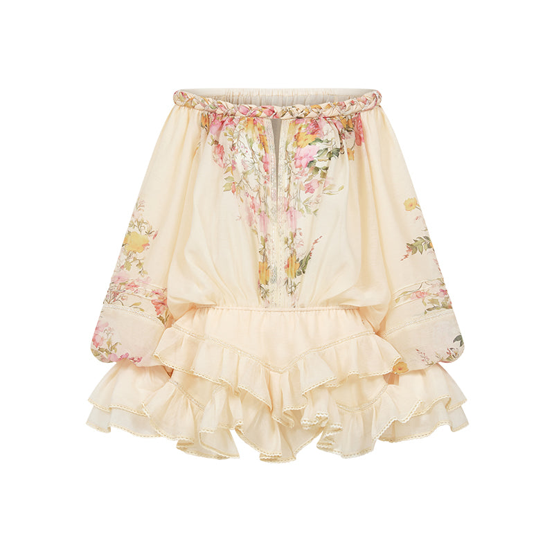 SHEERLUCK SLLYQ26409 Chiffon printed layered off shoulder jumpsuit